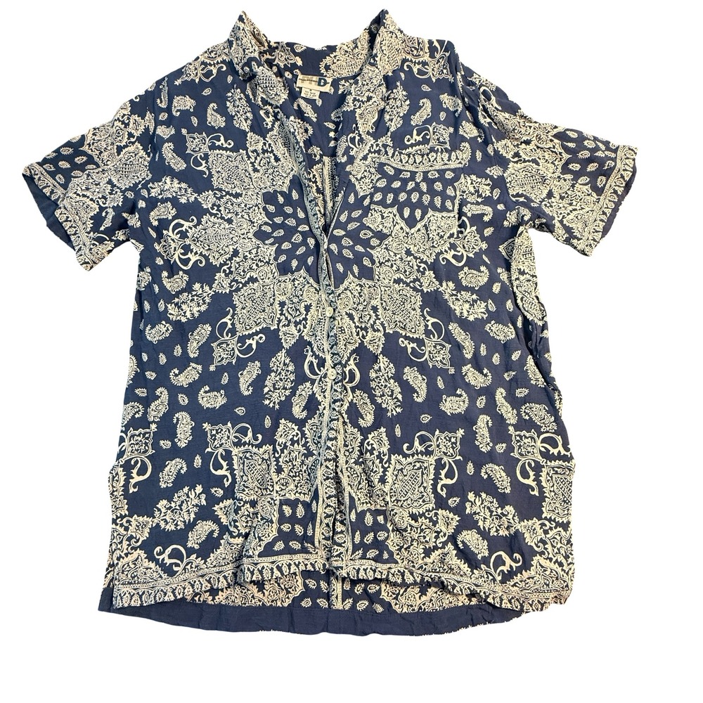 Paul Harris Design Womens Blue White Paisley Bandana Rayon Button Up Shirt M